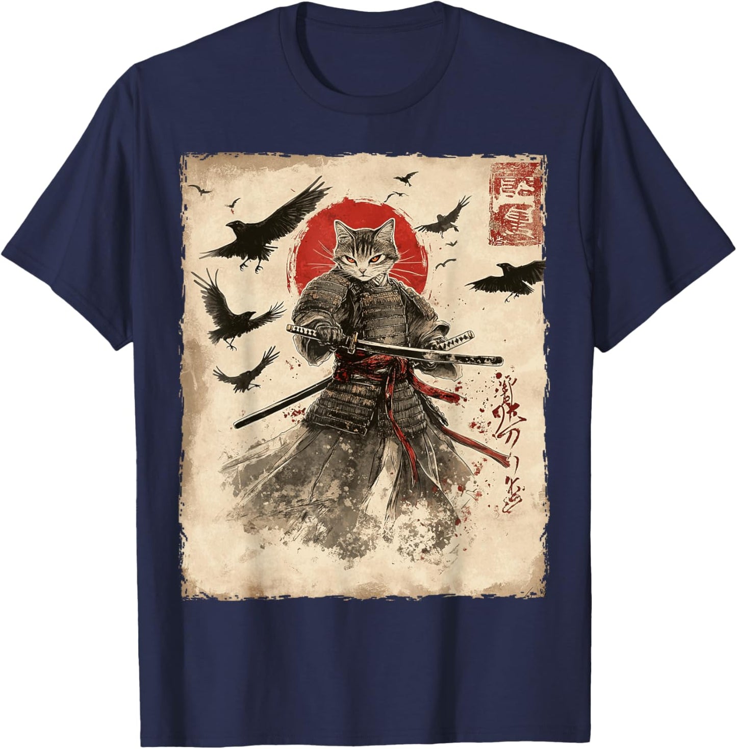 Cat Samurai Graphic Japanese Warrior Anime T-Shirt - T-Shirt | Navy