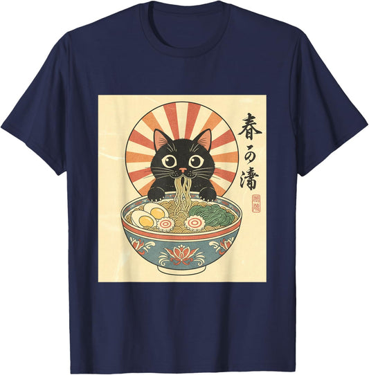 Haru Cat Ramen Japanese Vintage Art Foodie Aesthetic T-Shirt - T-Shirt | Navy