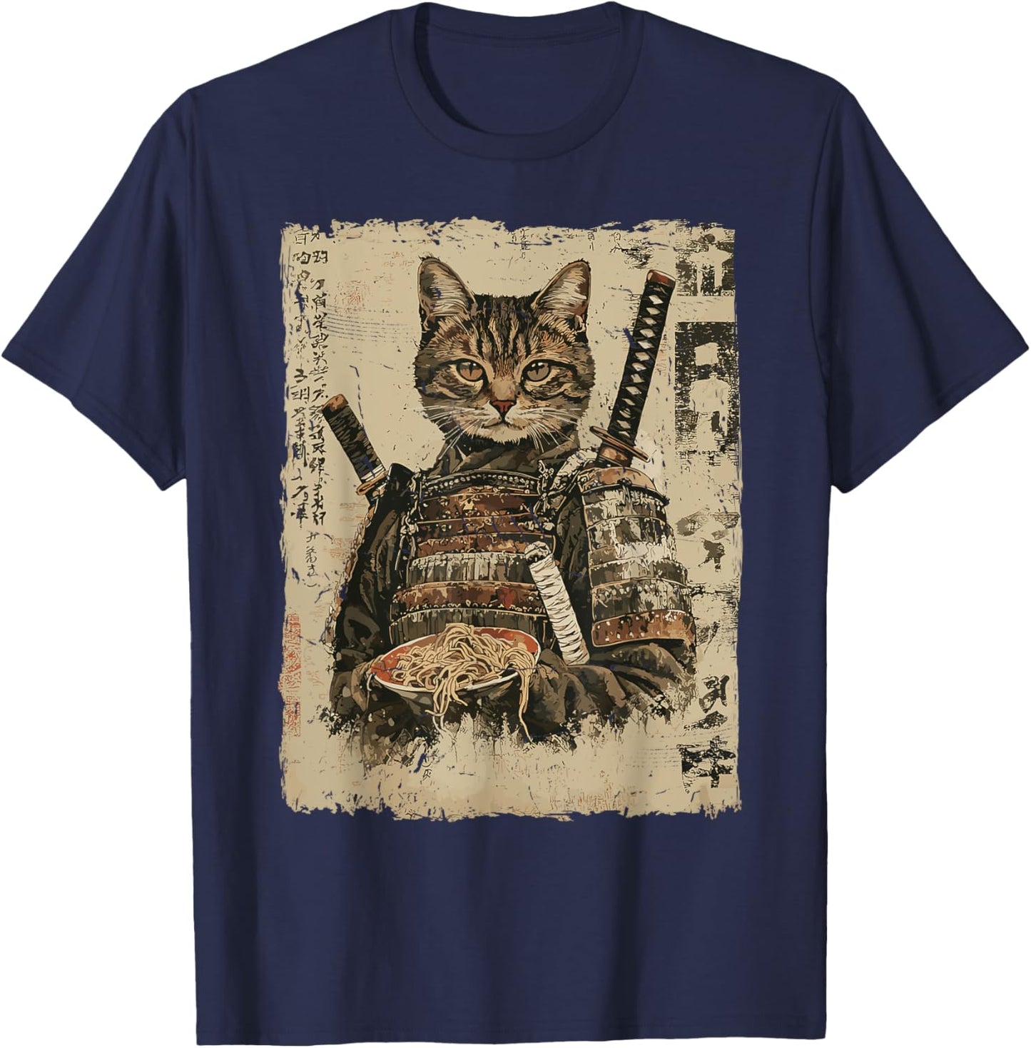 Samurai Cat Loves Ramen Funny Anime Japanese Artwork Samurai T-Shirt - T-Shirt | Navy