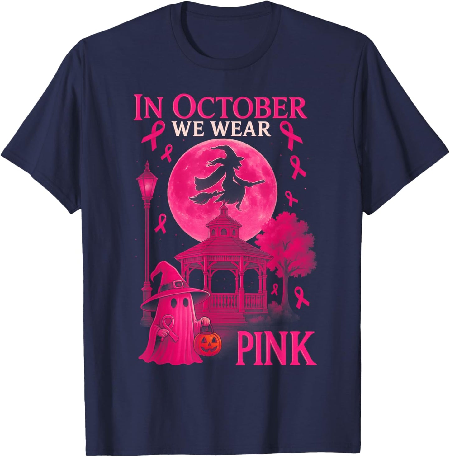 HUGvyn in October We Wear Pink Witch Halloween Breast Cancer T-Shirt - T-Shirt | Navy