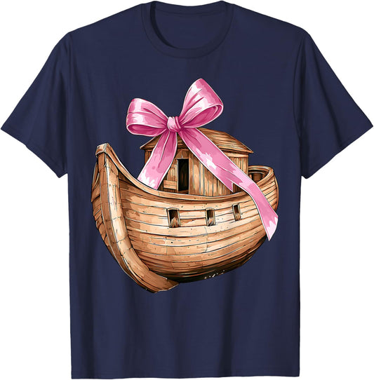 Coquette Bow Noah's Ark Christian Girl Mom Pink Mother's Day T-Shirt - T-Shirt | Navy