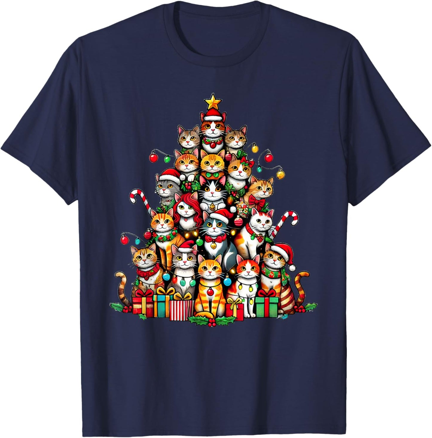 Cat Kitten Christmas Tree Funny Cat Xmas T-Shirt - T-Shirt | Navy