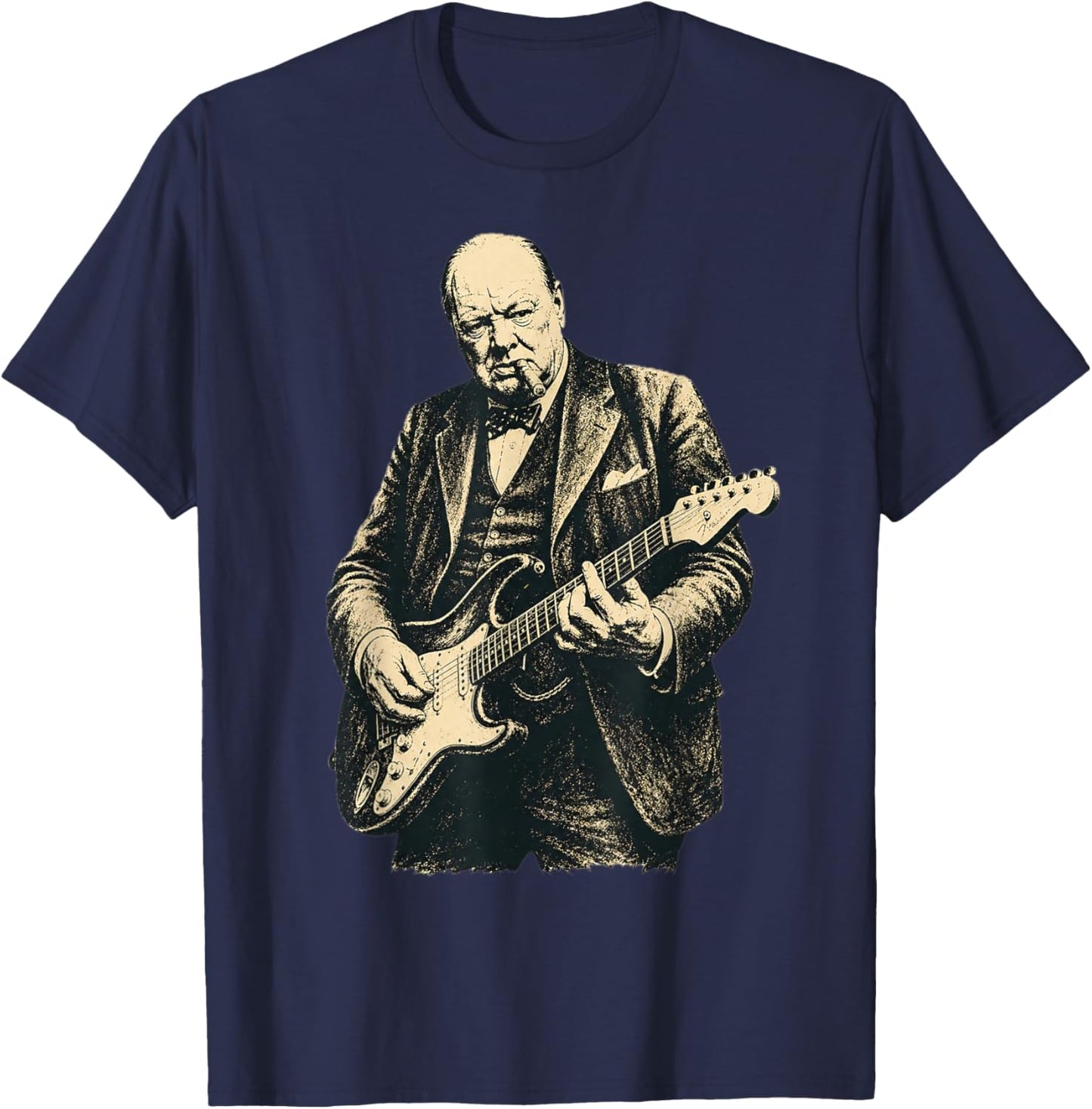 Winston Churchill Playing Guitar Rocker Cool Retro Vintage T-Shirt - T-Shirt | Navy