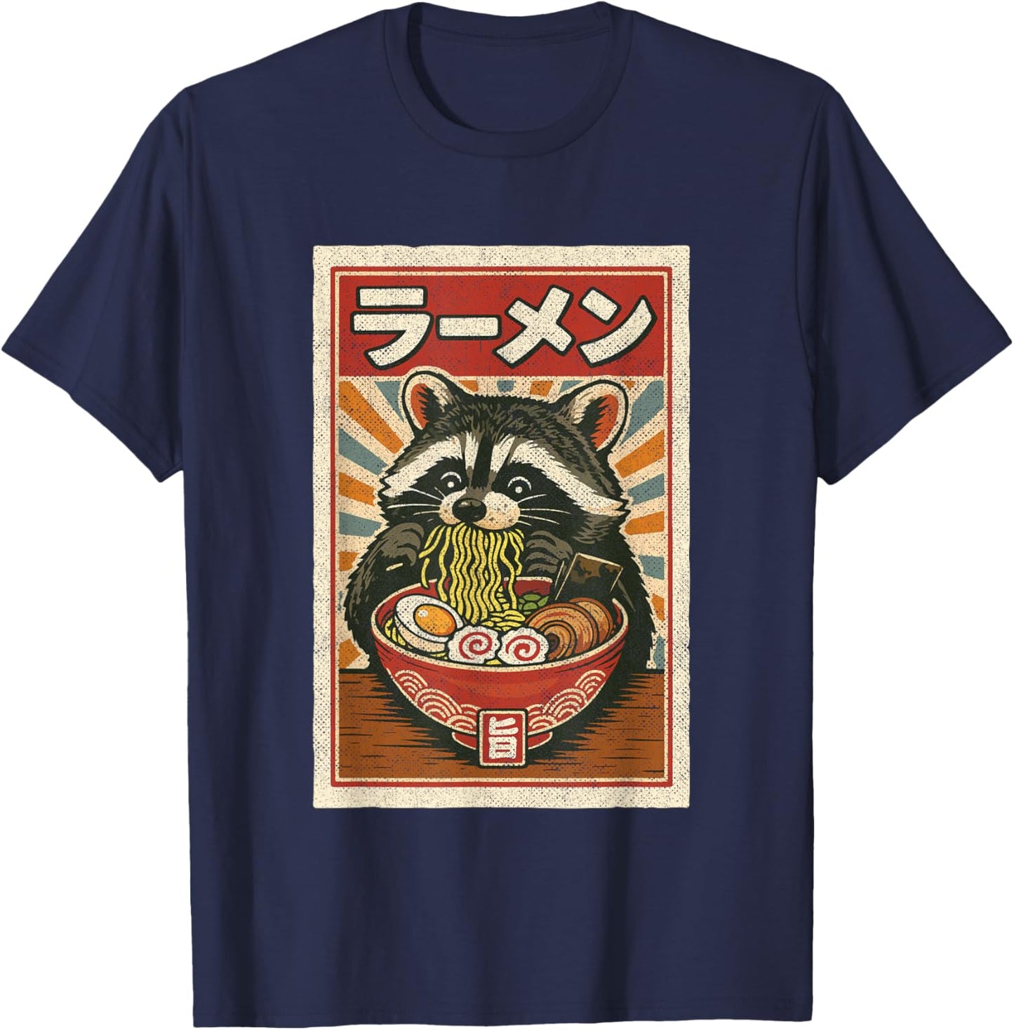 Japanese Noodles Kawaii Animal Anime Ramen Raccoon Graphic T-Shirt - T-Shirt | Navy