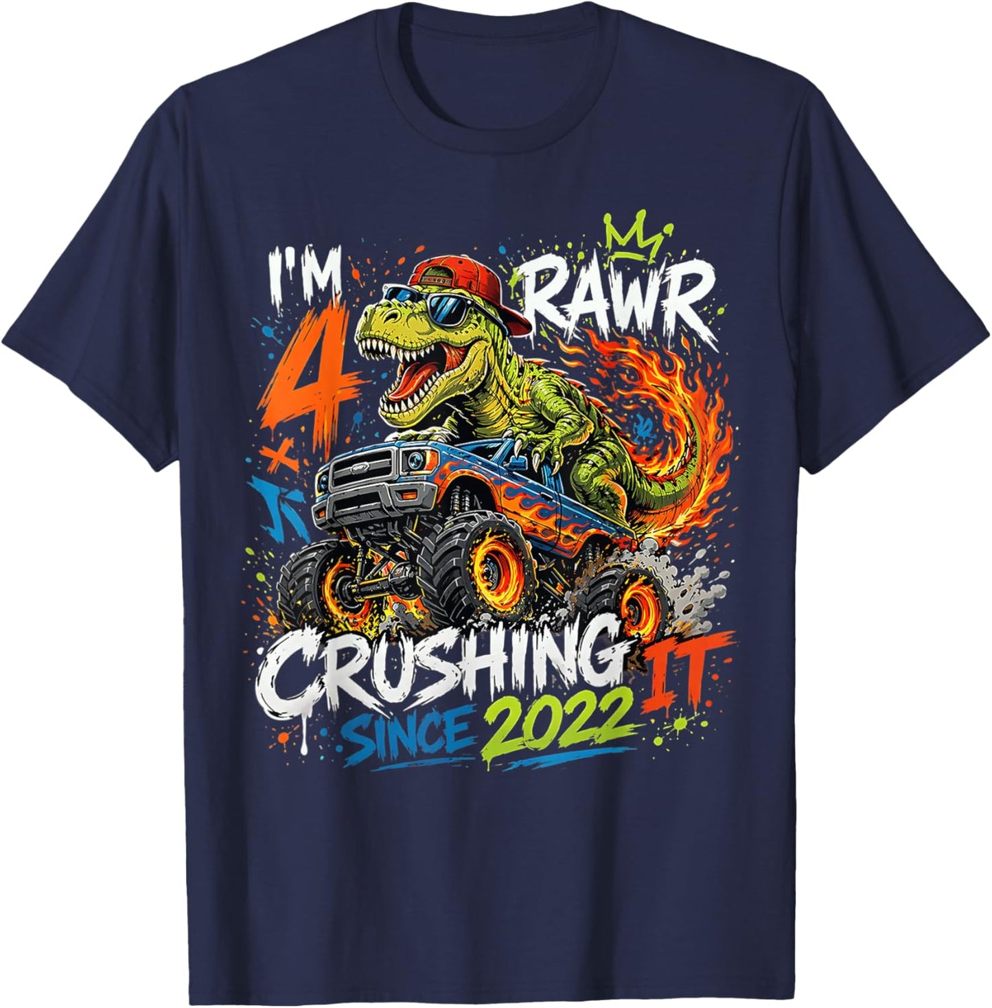 Kids 4th Birthday Monster Truck Dinosaur 4 Year Old boy Born T-Shirt - T-Shirt | Navy