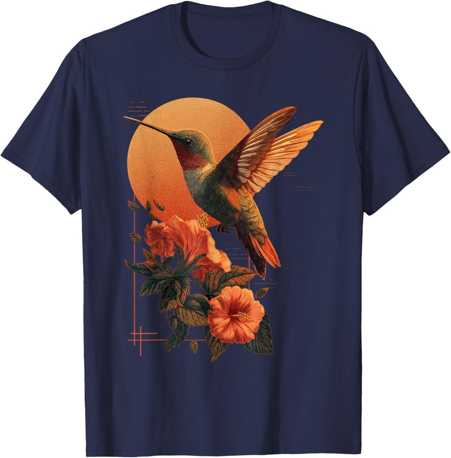 Hummingbird Hibiscus Flower Tropical Sunset Art T-Shirt - T-Shirt | Navy
