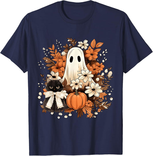 Vintage Halloween Ghost Holding Black Cat Groovy Floral Fall T-Shirt - T-Shirt | Navy