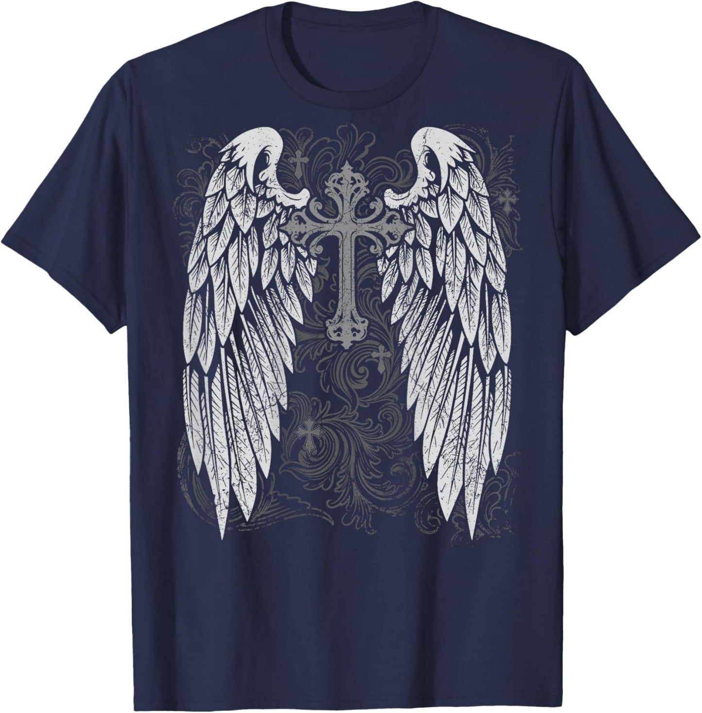 Grunge Wings Angel On Back Cross y2k 2000s Goth Emo Harajuku T-Shirt - T-Shirt | Navy