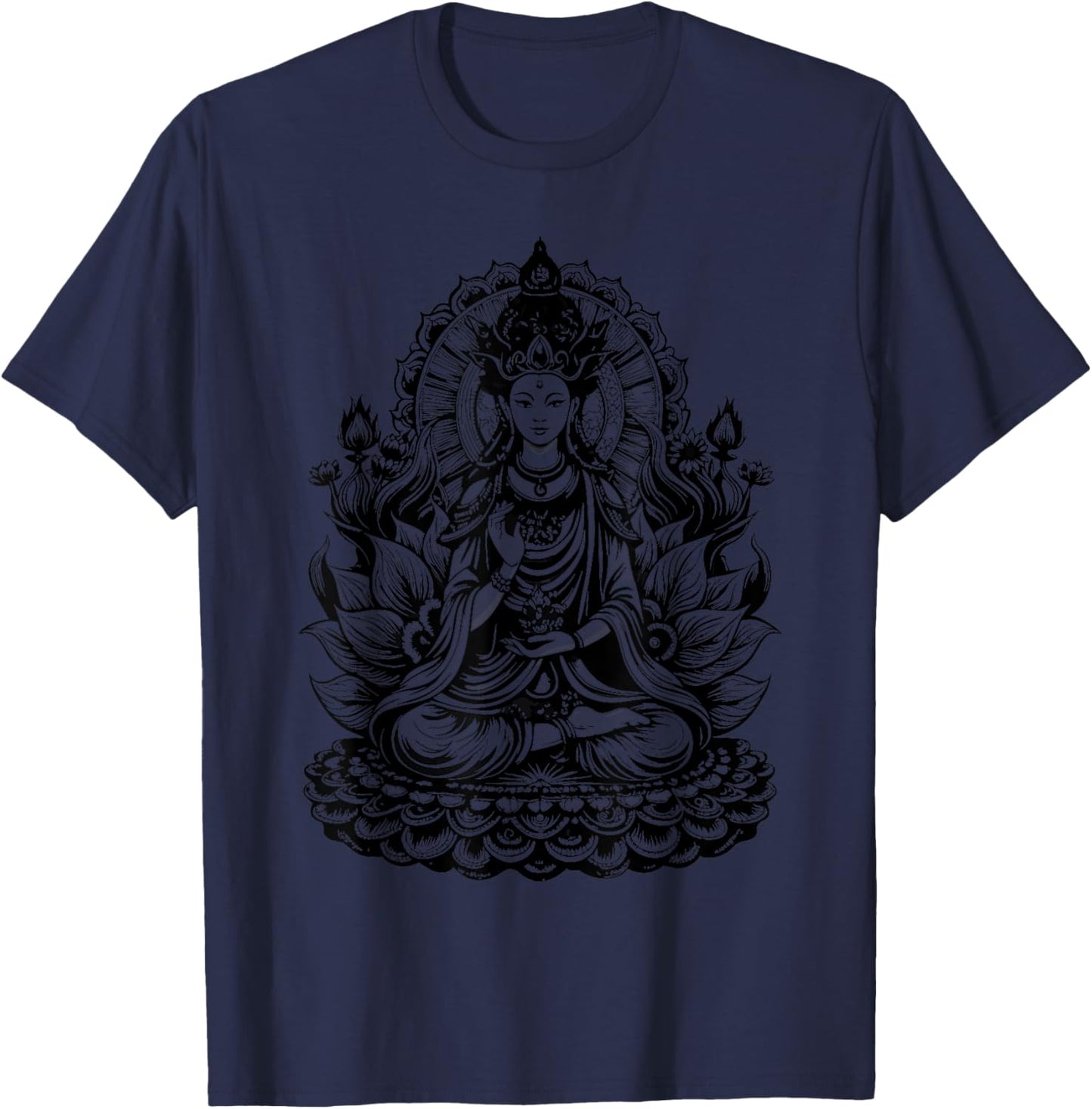 Vintage Spiritual Design Quan Yin Chinese Goddess of Compassion Kwan Yin Lotus , Small, Grey T-Shirt - T-Shirt | Navy