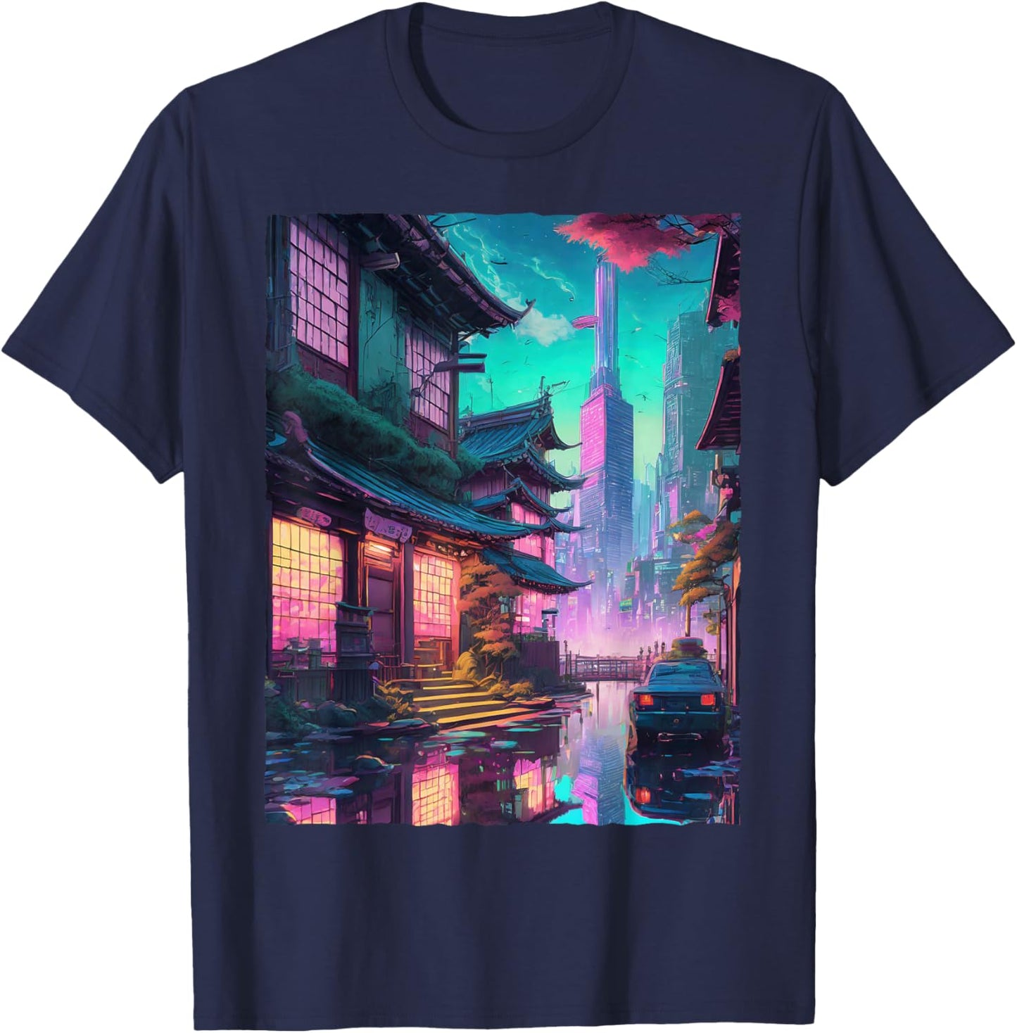 Japanese Streetwear Synthwave Vaporwave City Retro Aesthetic T-Shirt - T-Shirt | Navy