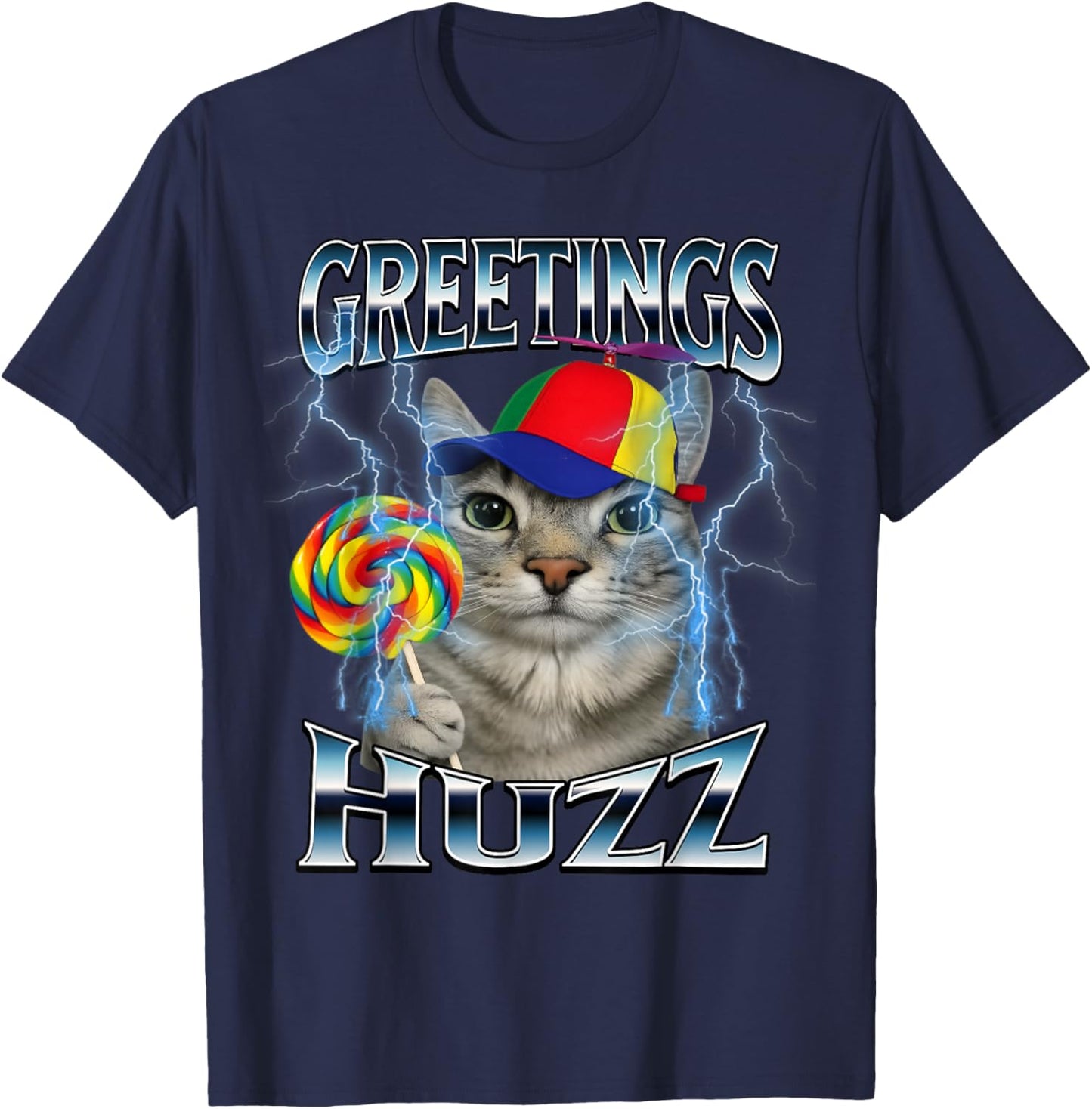 Greetings Huzz Funny Meme Cat T-Shirt - T-Shirt | Navy