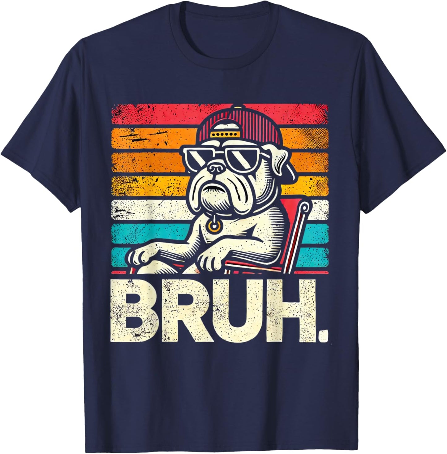 Bruh Retro Vintage 80s Dog Sunglasses Funny Bruh Bulldog T-Shirt - T-Shirt | Navy