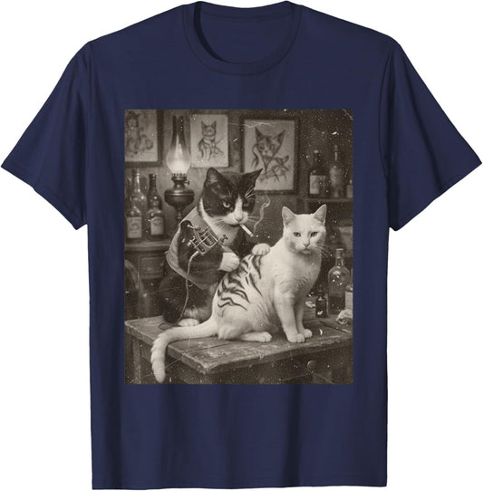 Tattoo Vintage Cat Smoking Ink Kitty Funny Artist Meme T-Shirt - T-Shirt | Navy