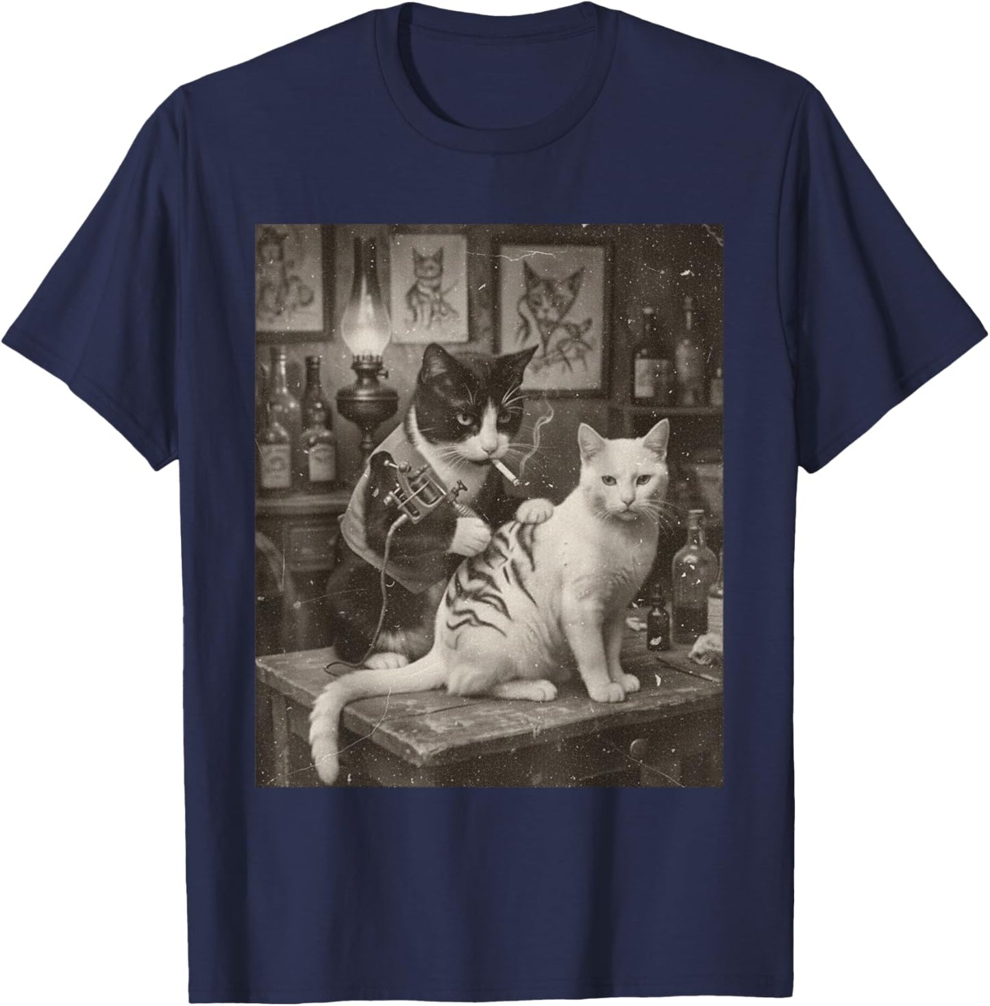 Vintage Cat Smoking Tattoo Inked Kitty Artist Funny Meme T-Shirt - T-Shirt | Navy