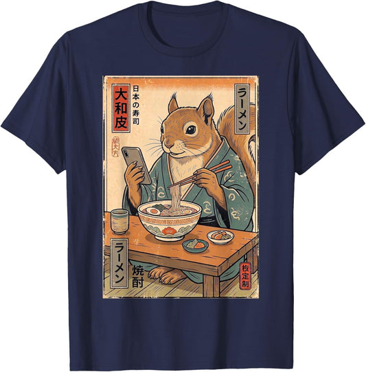 Funny Squirrel Eating Ramen Retro Japanese Gifts Men Women T-Shirt - T-Shirt | Navy