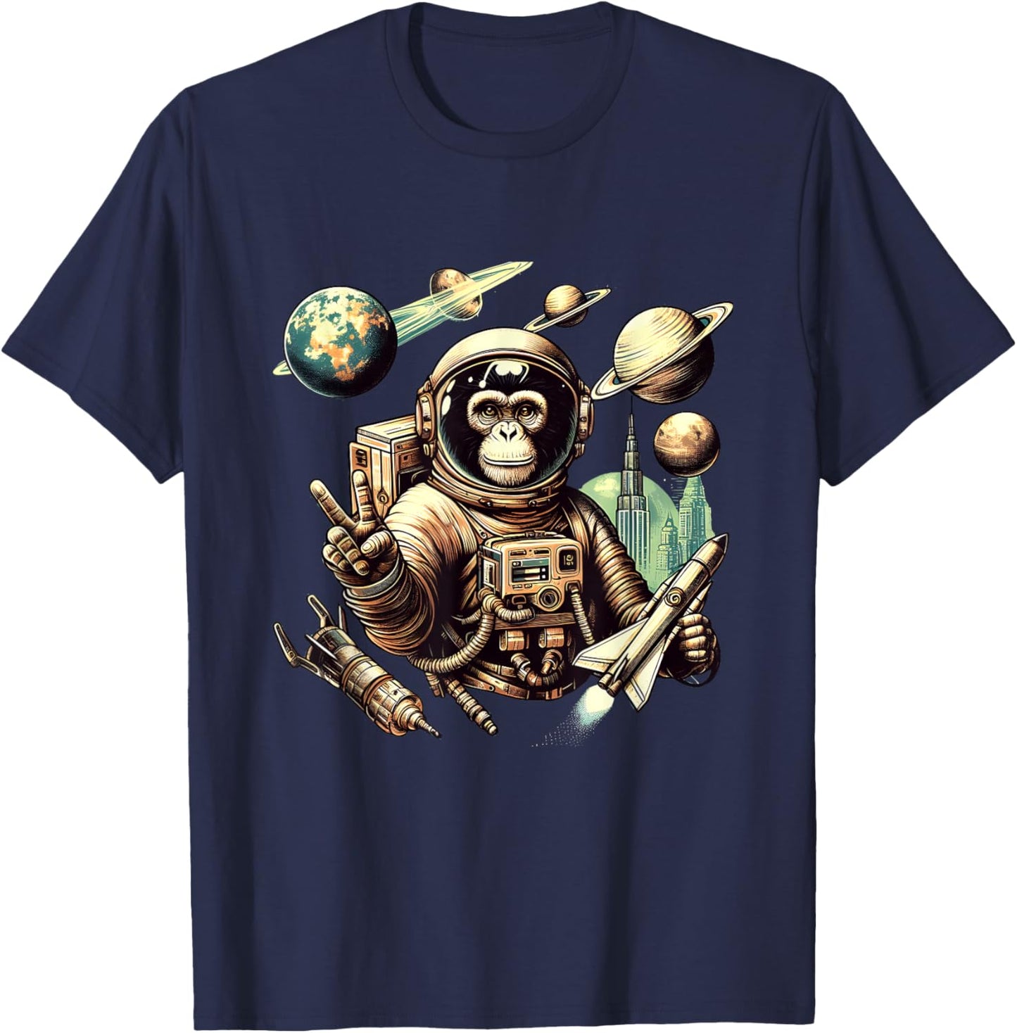 Space Vintage Travel Astronaut Monkey Holding Spaceship T-Shirt - T-Shirt | Navy