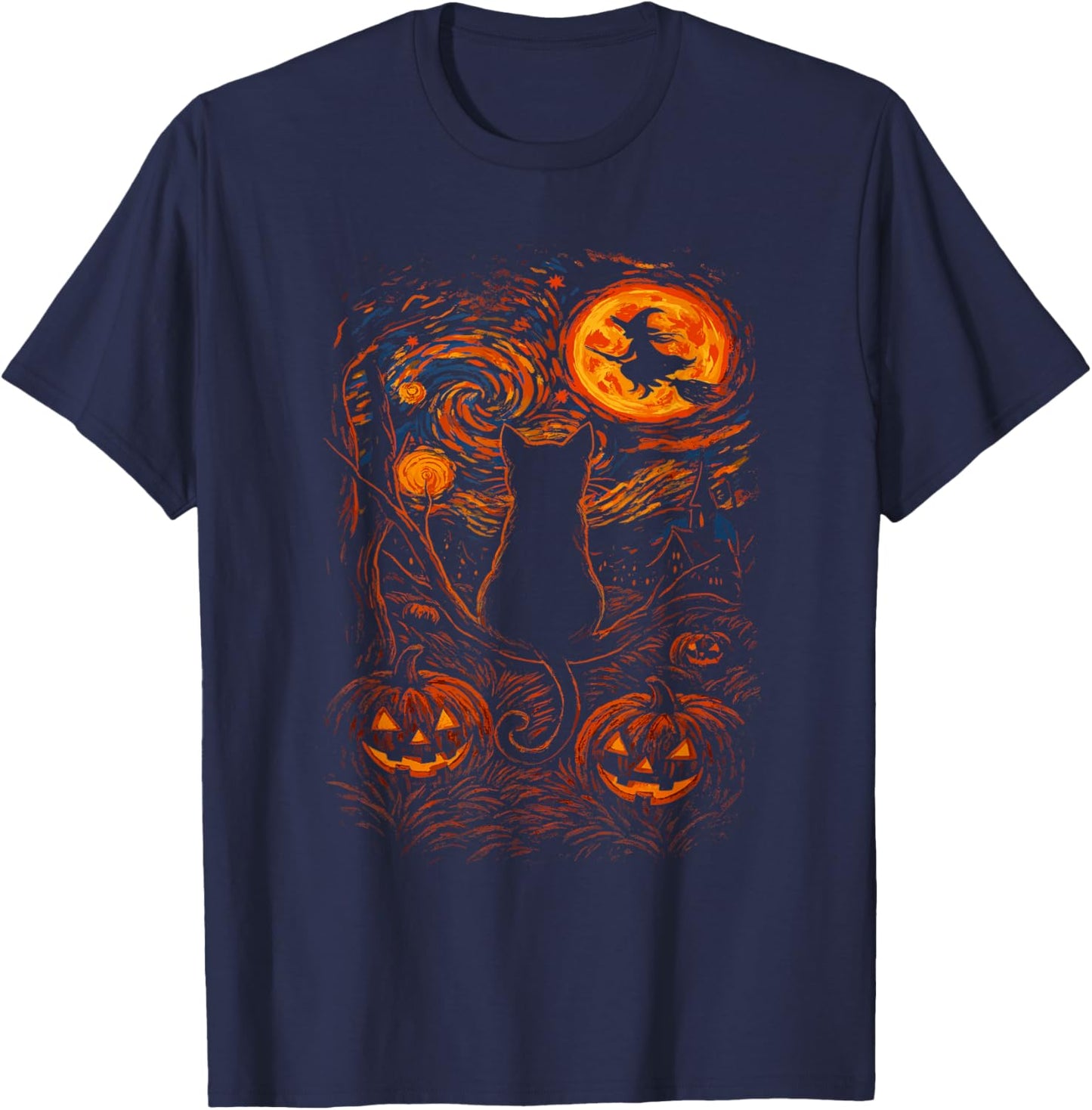 Halloween Black Cat Starry Night Witch Pumpkin Moon T-Shirt - T-Shirt | Navy
