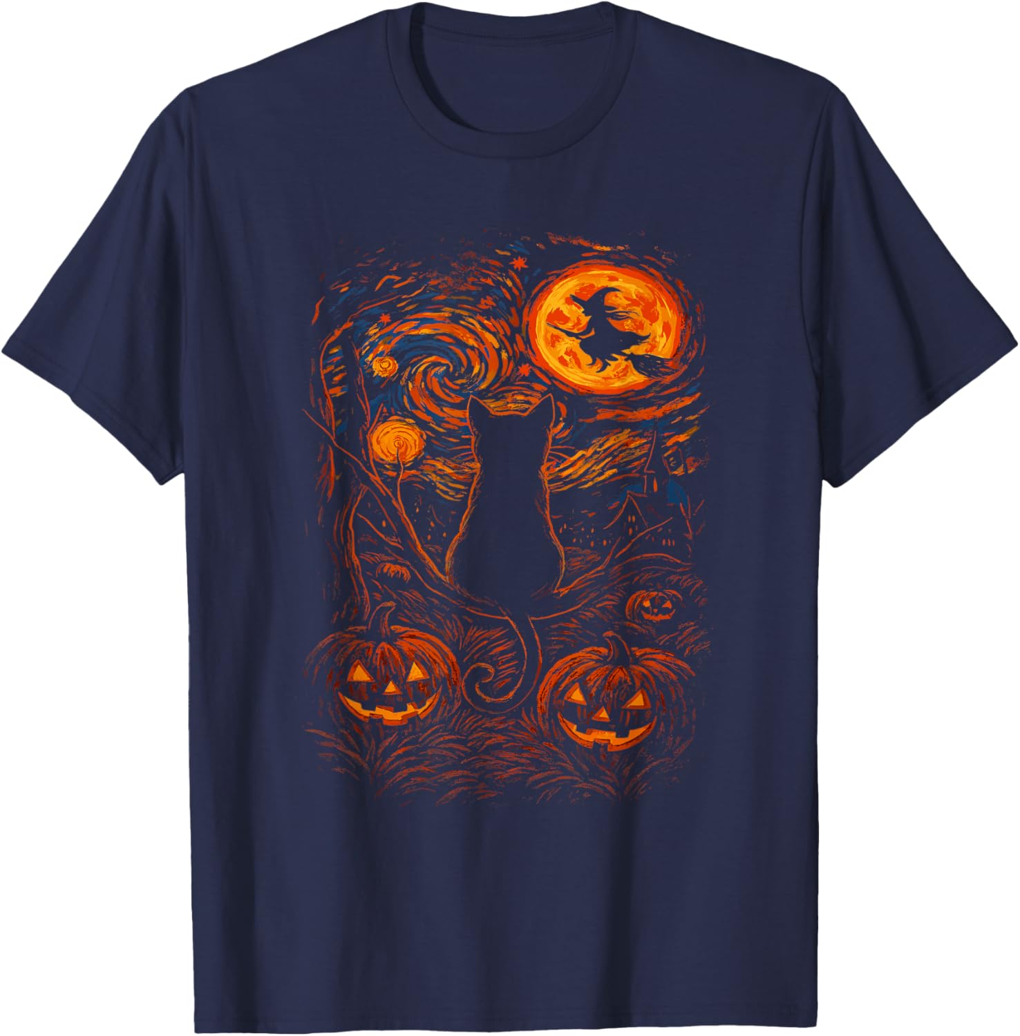Halloween Black Cat Starry Night Witch Pumpkin Moon T-Shirt - T-Shirt | Navy