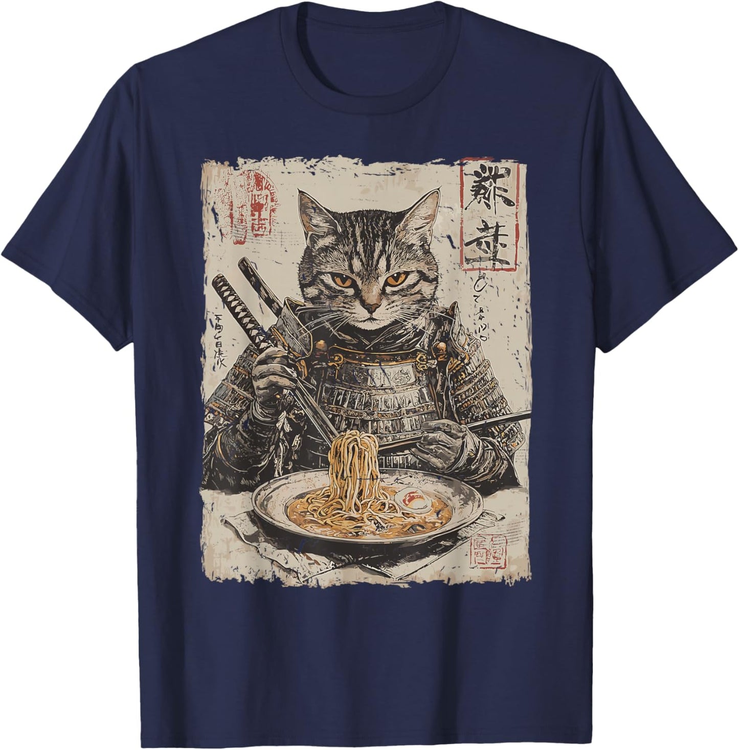 Samurai Cat Loves Ramen Funny Anime Japanese Artwork Samurai T-Shirt - T-Shirt | Navy