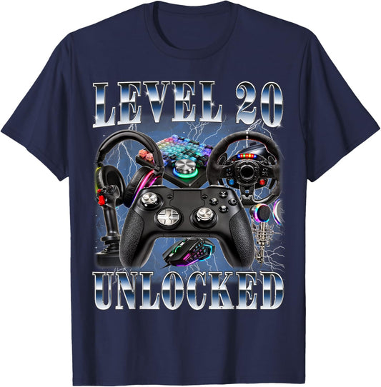 Level 20 Unlocked 20th Birthday Video Gamer Boy 20 Year Old T-Shirt - T-Shirt | Navy
