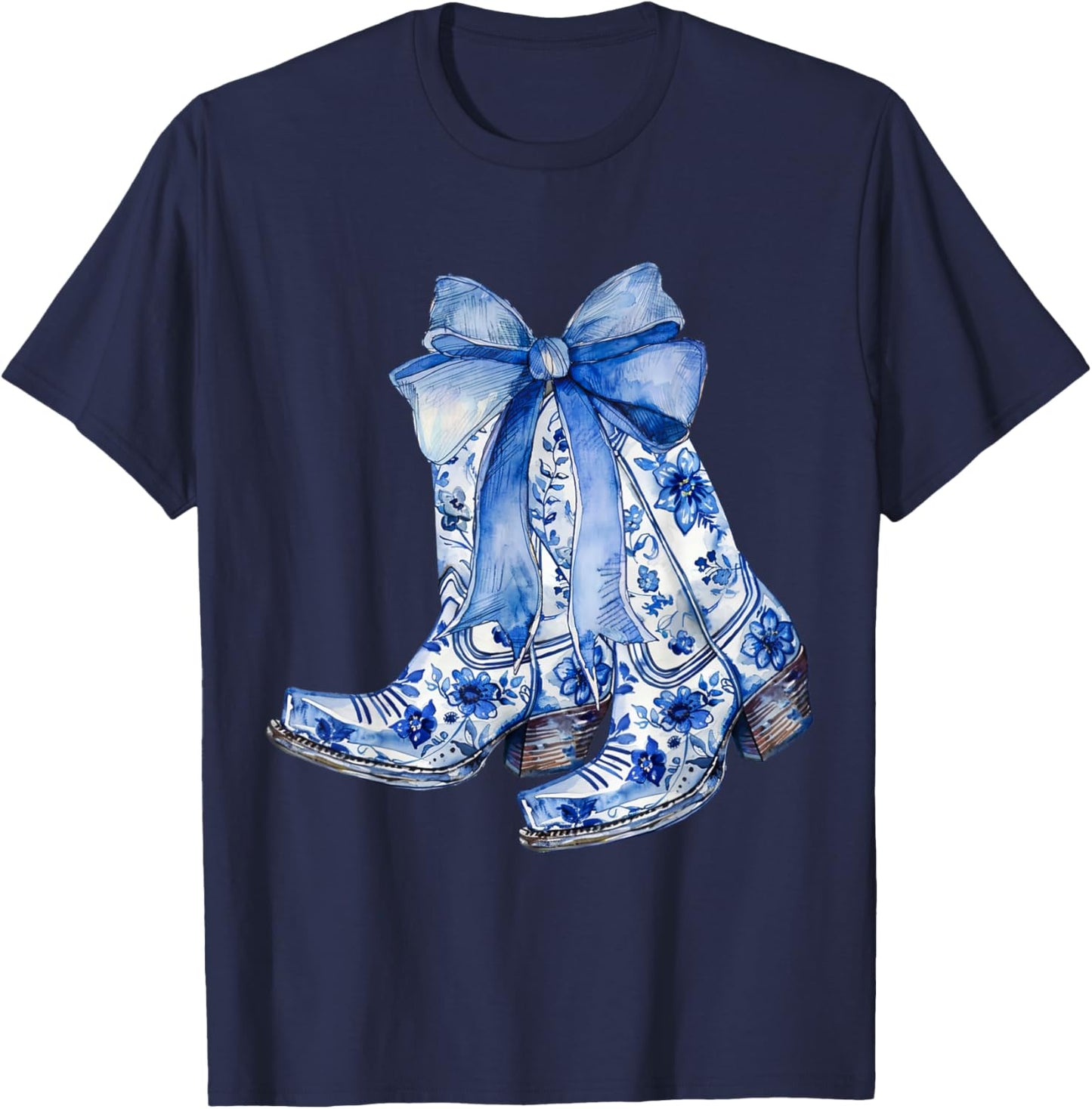 Coquette Blue Floral Boots Bow Cowboy Cowgirl T-Shirt - T-Shirt | Navy