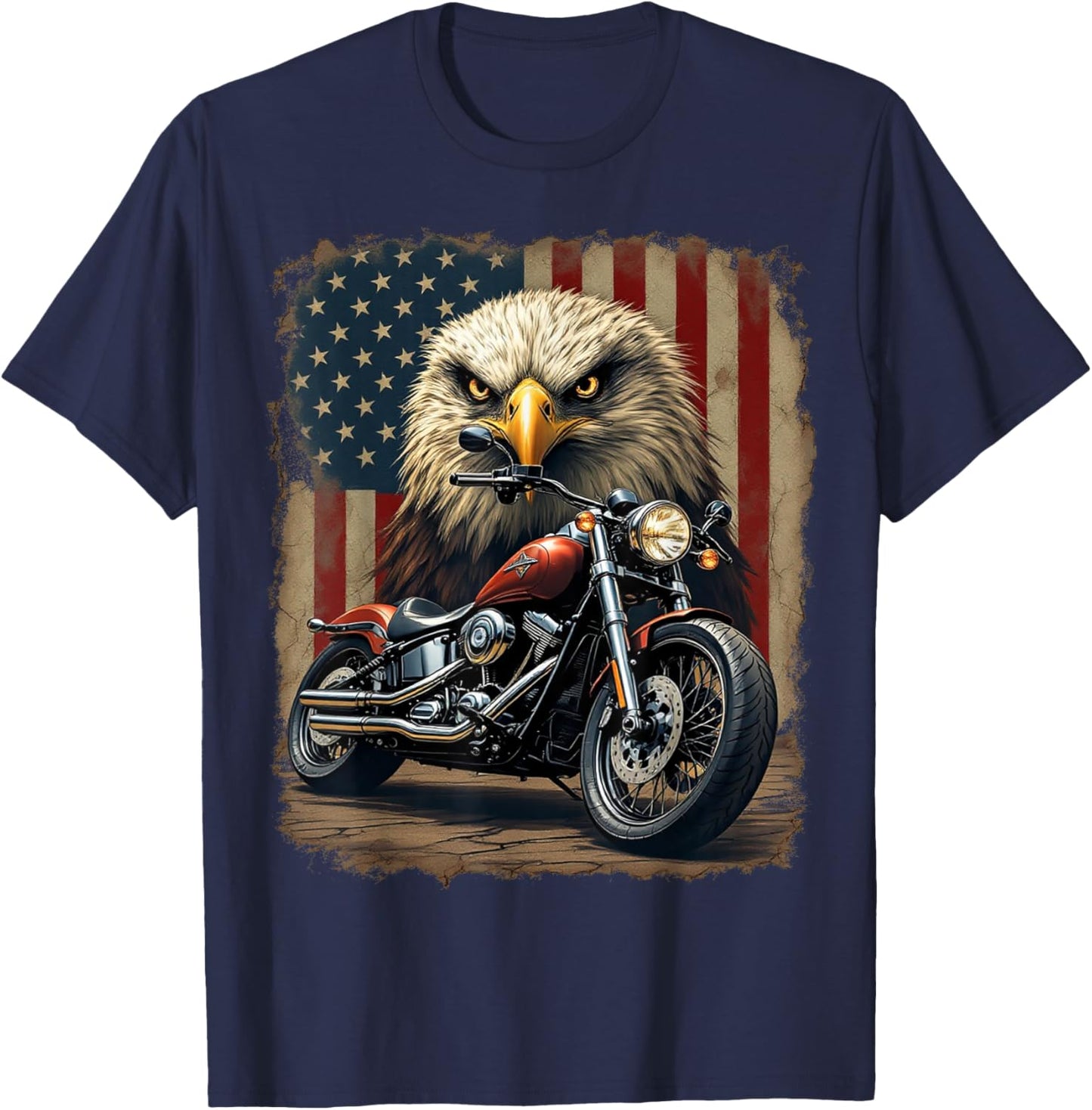 Motorcycle USA Flag Retro Biker Chopper T-Shirt - T-Shirt | Navy