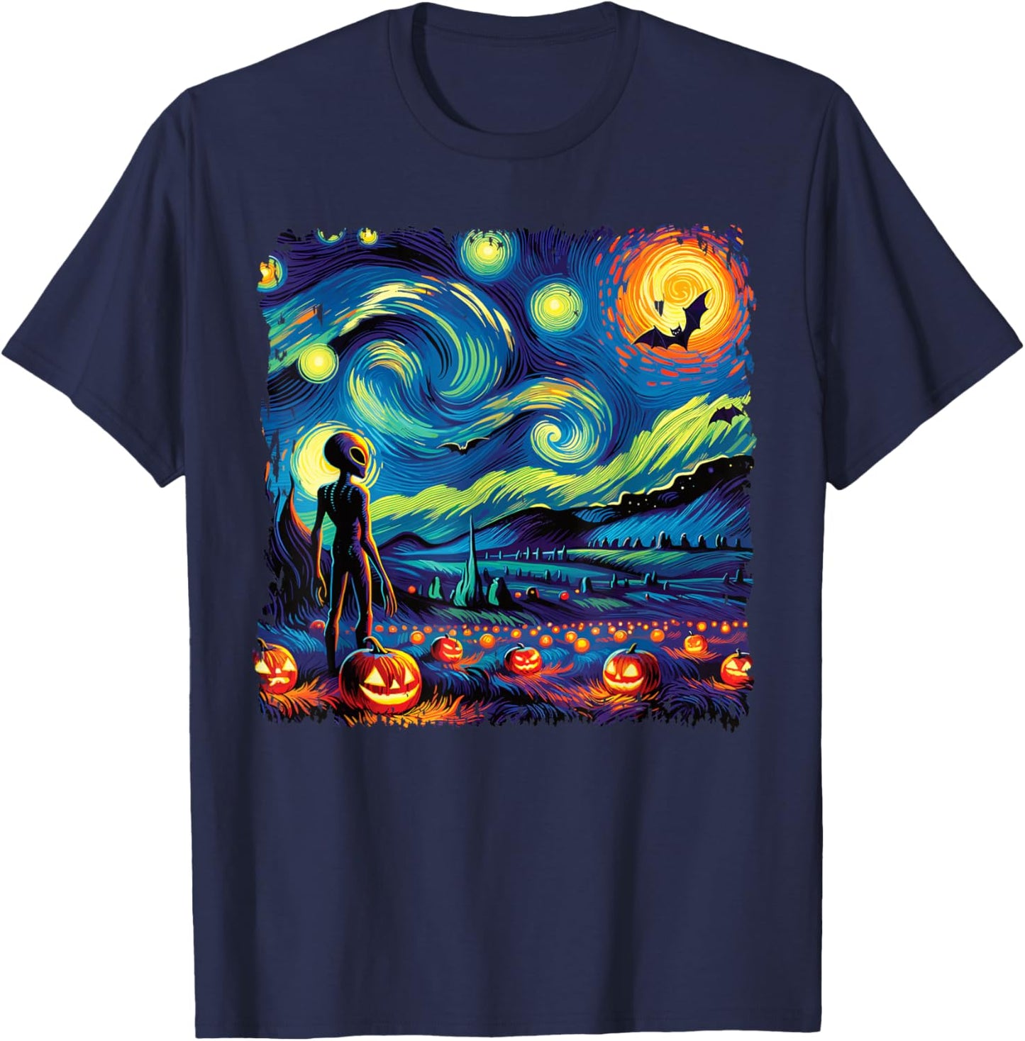 Van Gogh Starry Night Alien Man Halloween Fall Pumpkin Bats T-Shirt - T-Shirt | Navy