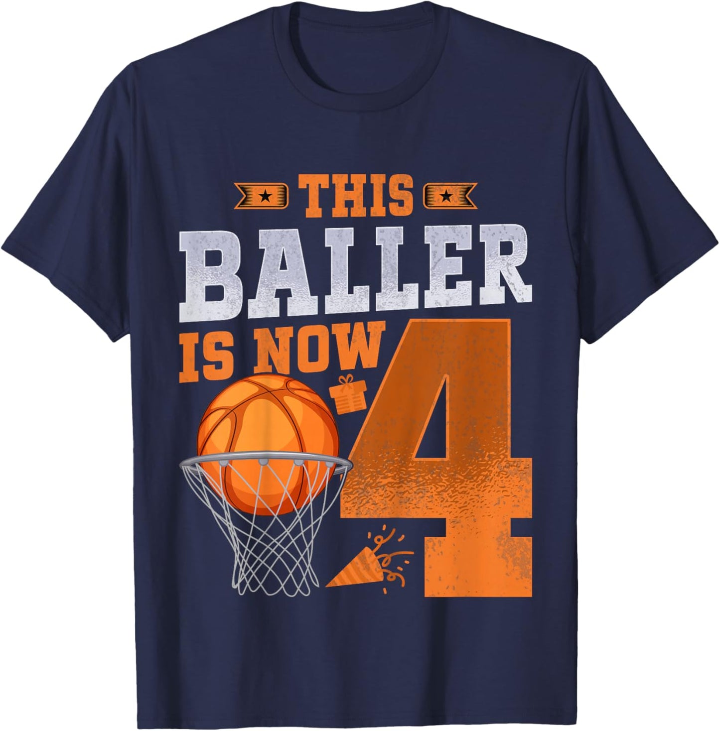 Kids This Baller Is Now 4 Years Old Basketball 4th Birthday Party T-Shirt - T-Shirt | Navy