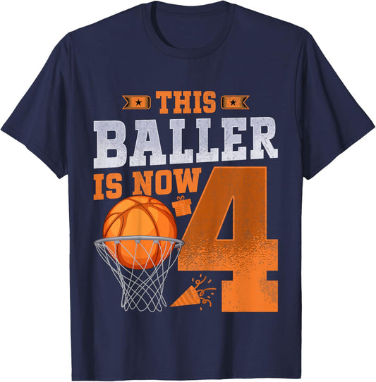 Kids This Baller Is Now 4 Years Old Basketball 4th Birthday Party T-Shirt - T-Shirt | Navy
