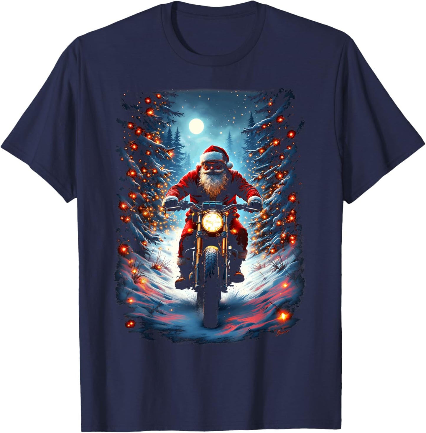 Santa Claus Biker Riding Motorcycle Christmas Moon T-Shirt - T-Shirt | Navy