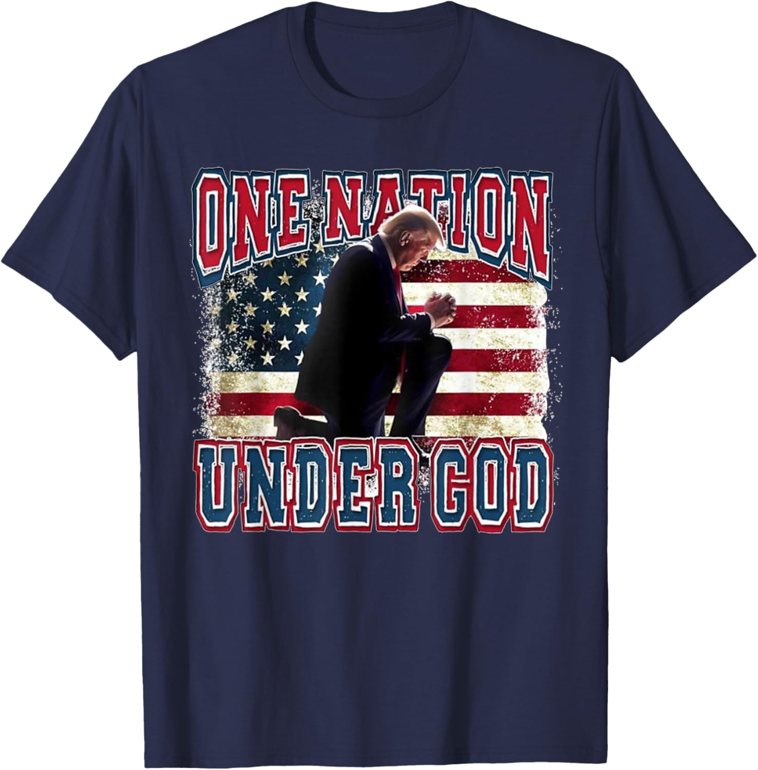 One Nation Under God Trump Pray Jesus USA Flag Distressed T-Shirt - T-Shirt | Navy