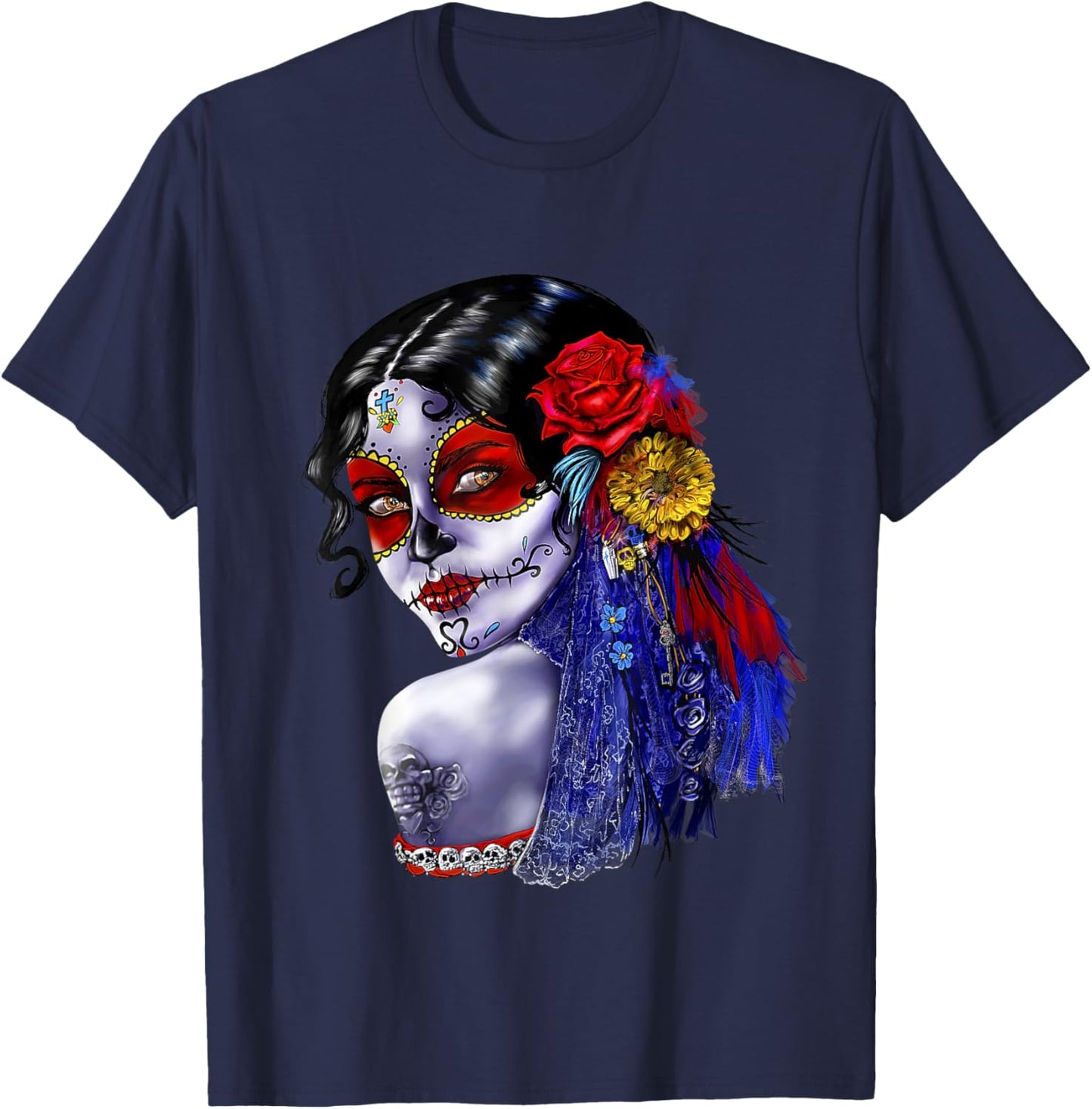 Day Of The Dead Beauty With Flowers T-Shirt - T-Shirt | Navy