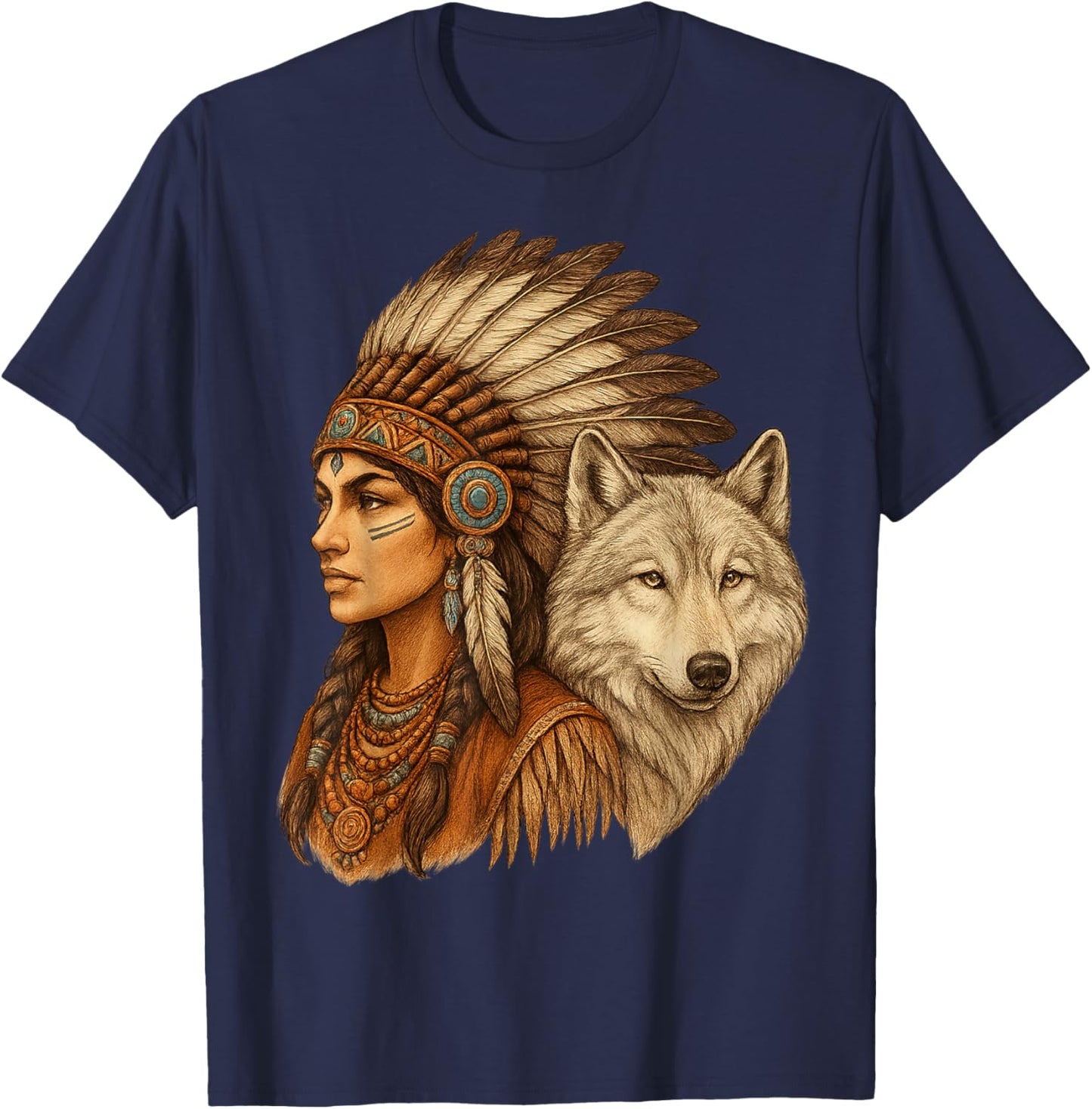 Indian Native American Woman with White Wolf Vitage T-Shirt - T-Shirt | Navy