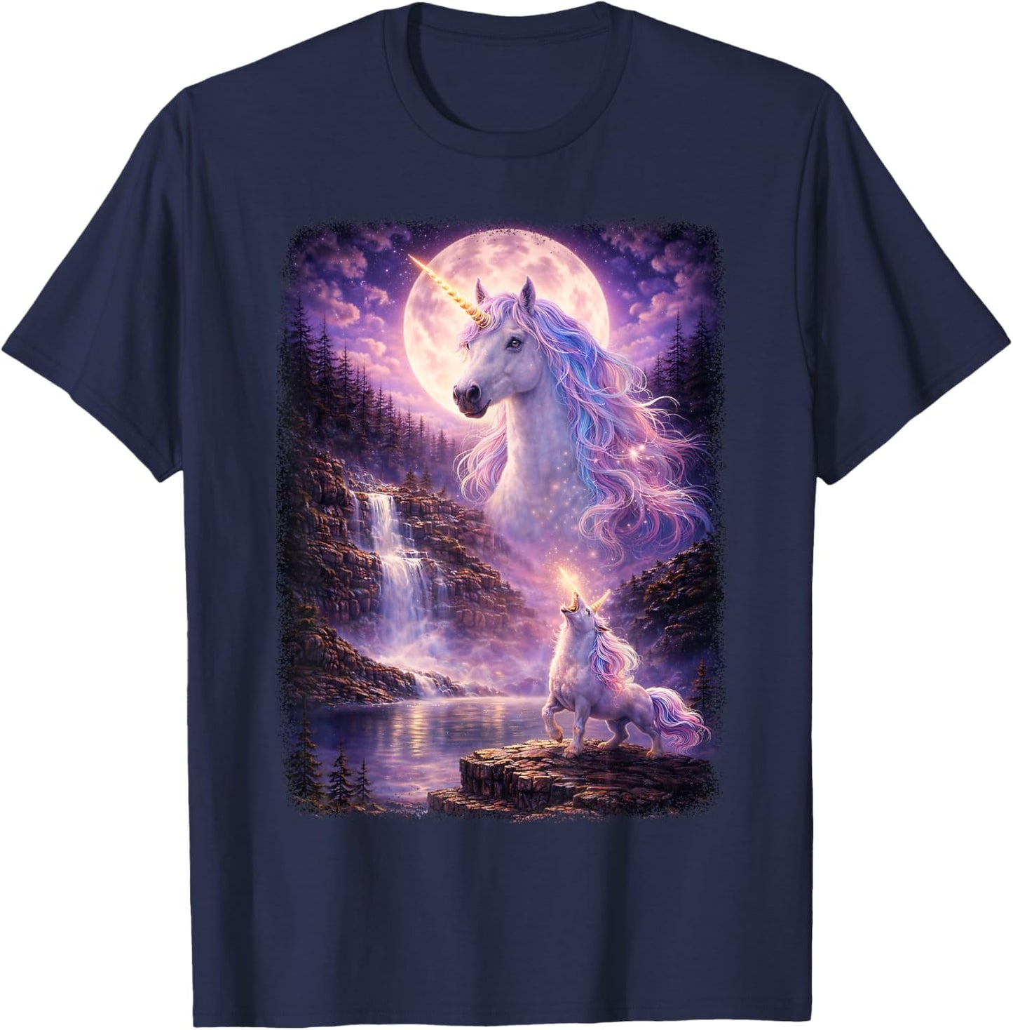 Einhorn heulend auf Mond Vintage Funny Mystic T-Shirt - T-Shirt | Navy