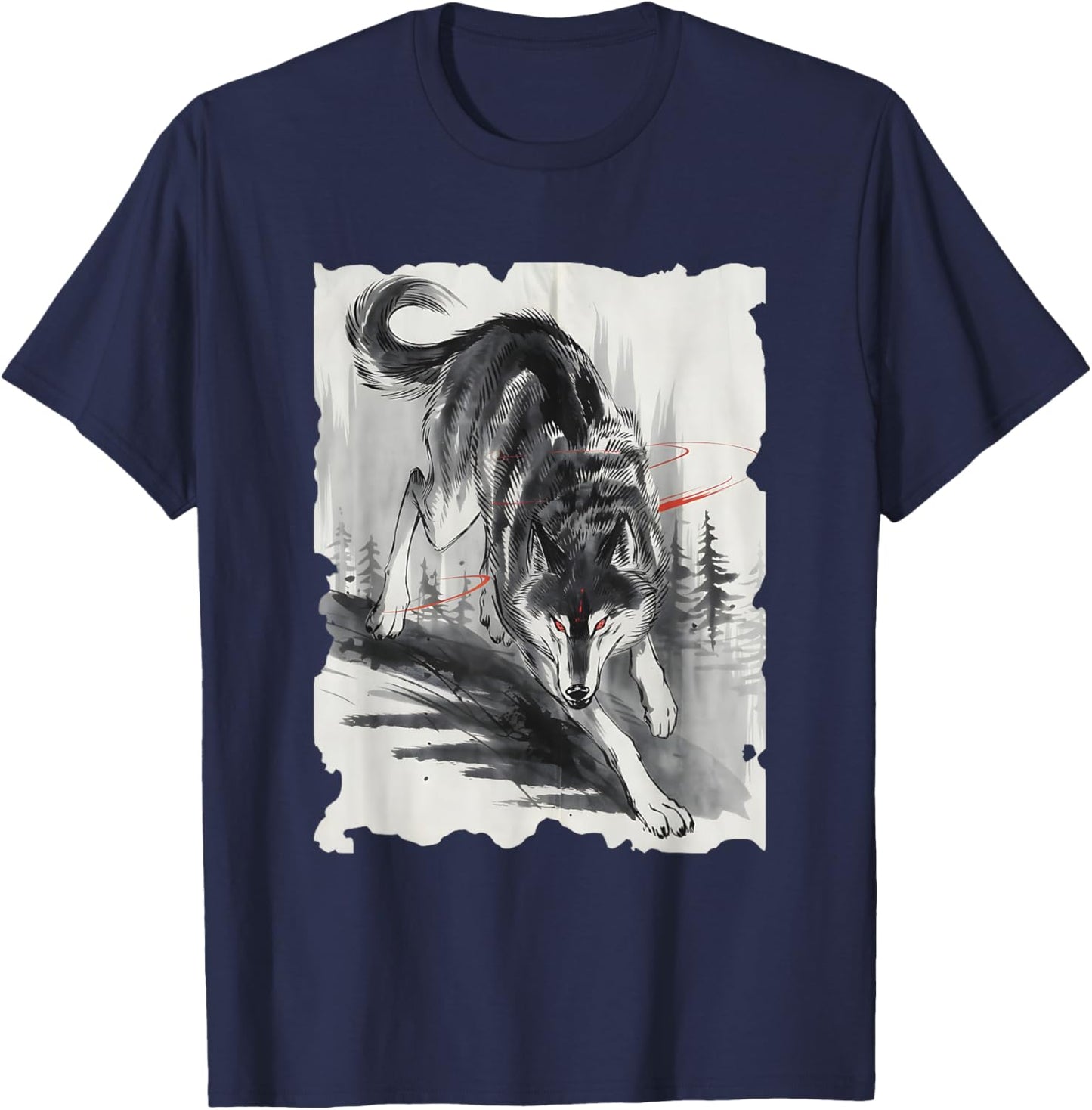 Wolf Sumi-e Graphic - Vintage Japanese Art Wolf Lover T-Shirt - T-Shirt | Navy