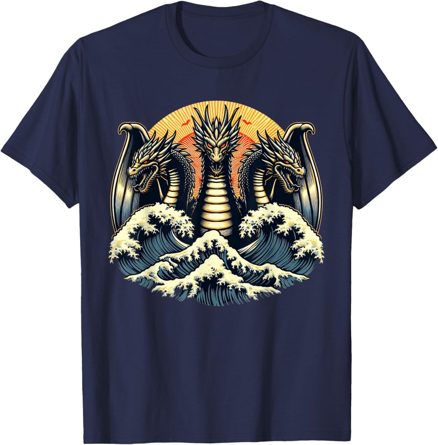 Japanese Dragon King Ghidorah Great Wave Off Kanagawa Sunset T-Shirt - T-Shirt | Navy