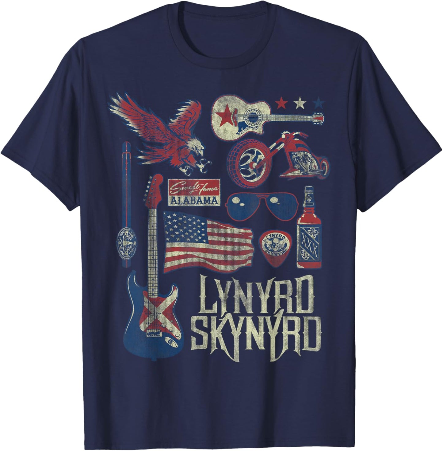 Lynyrd Skynyrd Collage Sweet Home Alabama US Flag Band Biker T-Shirt - T-Shirt | Navy