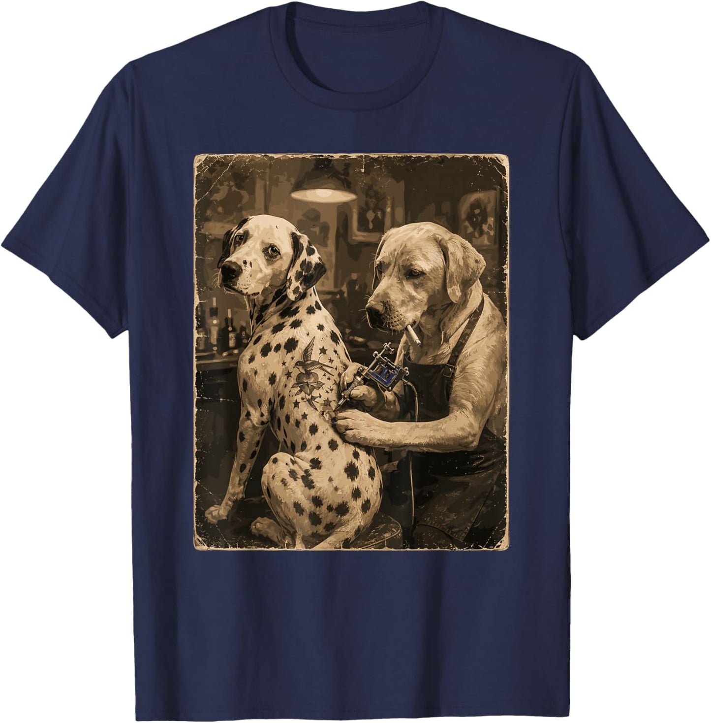 Retro Dalmatian Smoking Tattoo Artist Funny Dog Meme Humor T-Shirt - T-Shirt | Navy