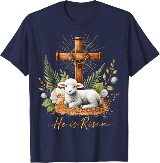 True Easter He is Risen Lamb Crown of Thorn Cross Palm Jesus T-Shirt - T-Shirt | Navy