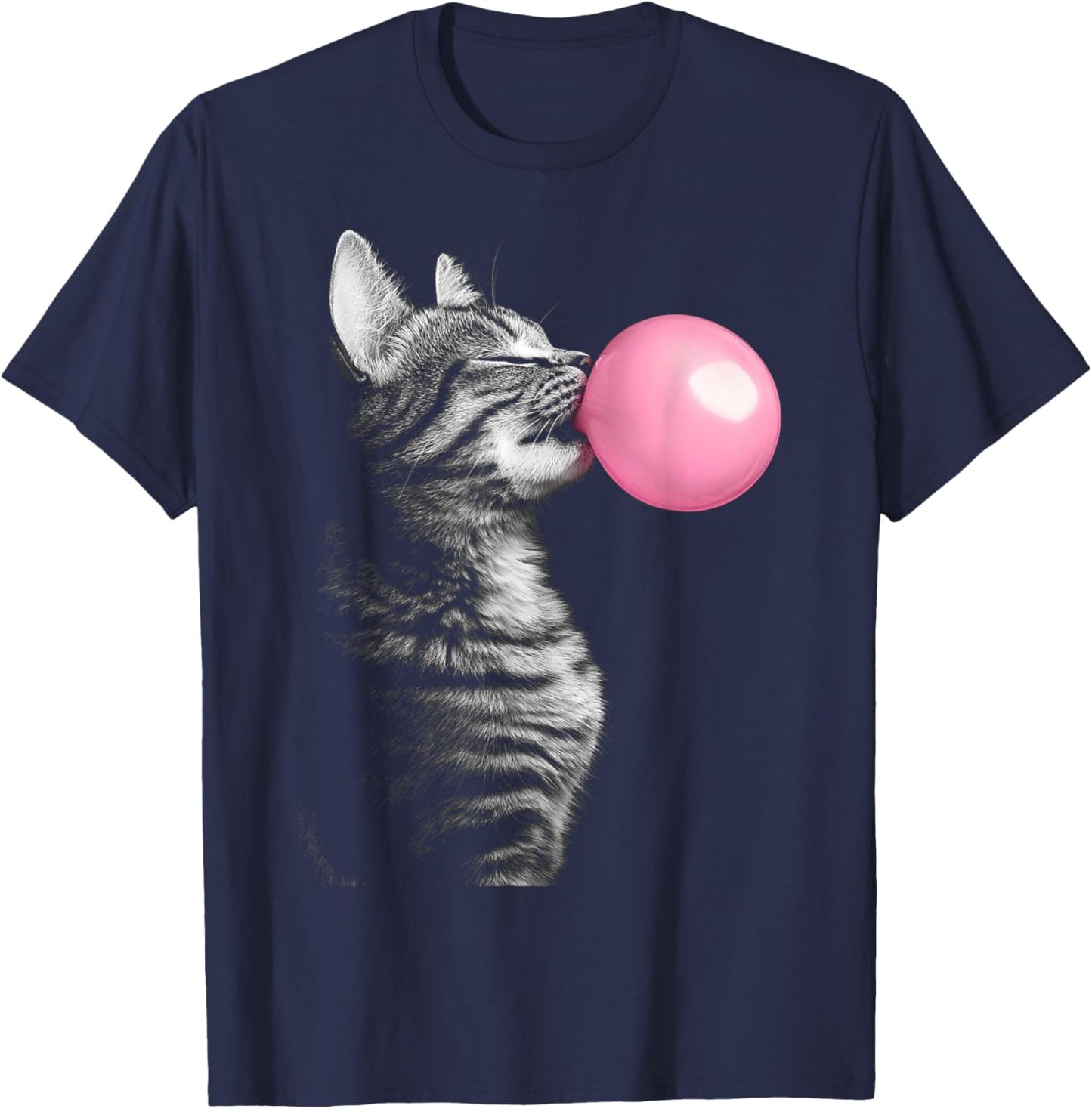 Black Graphic Cat Blowing Chewing Bubble Gum Pink Men Women Kids T-Shirt - T-Shirt | Navy
