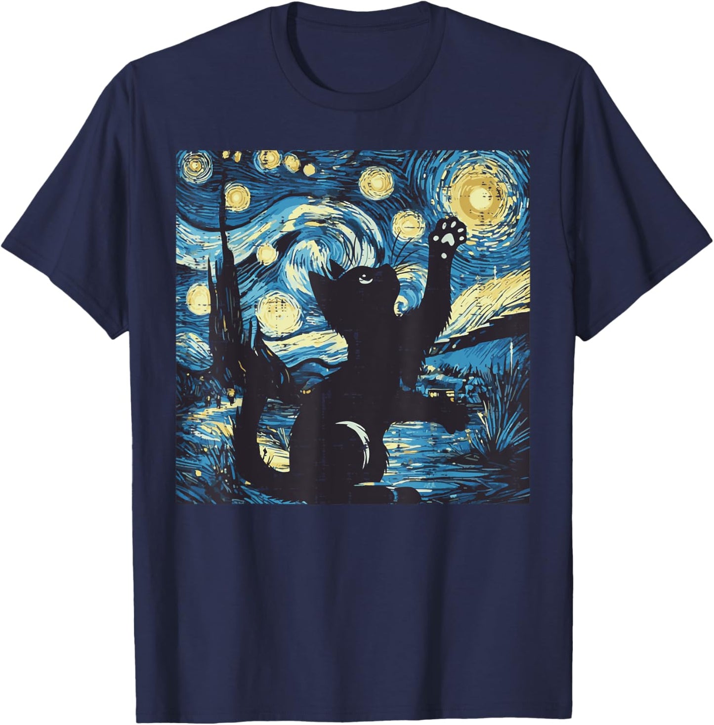 Cat Starry Night Painting Funny Van Gogh Art Men Women Kids T-Shirt - T-Shirt | Navy
