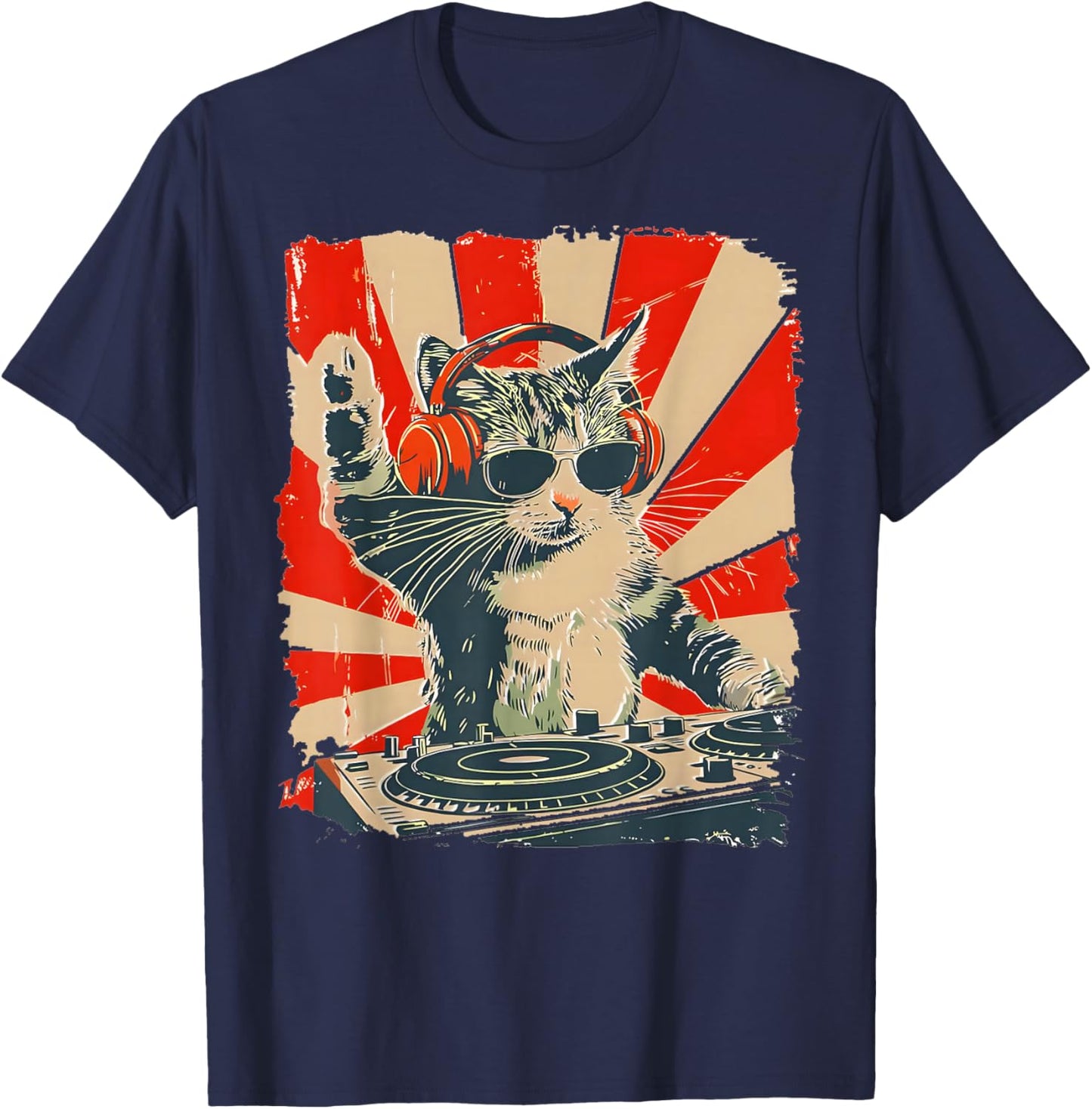 Funny DJ Cat with Headphones Retro Music Lover Art T-Shirt - T-Shirt | Navy
