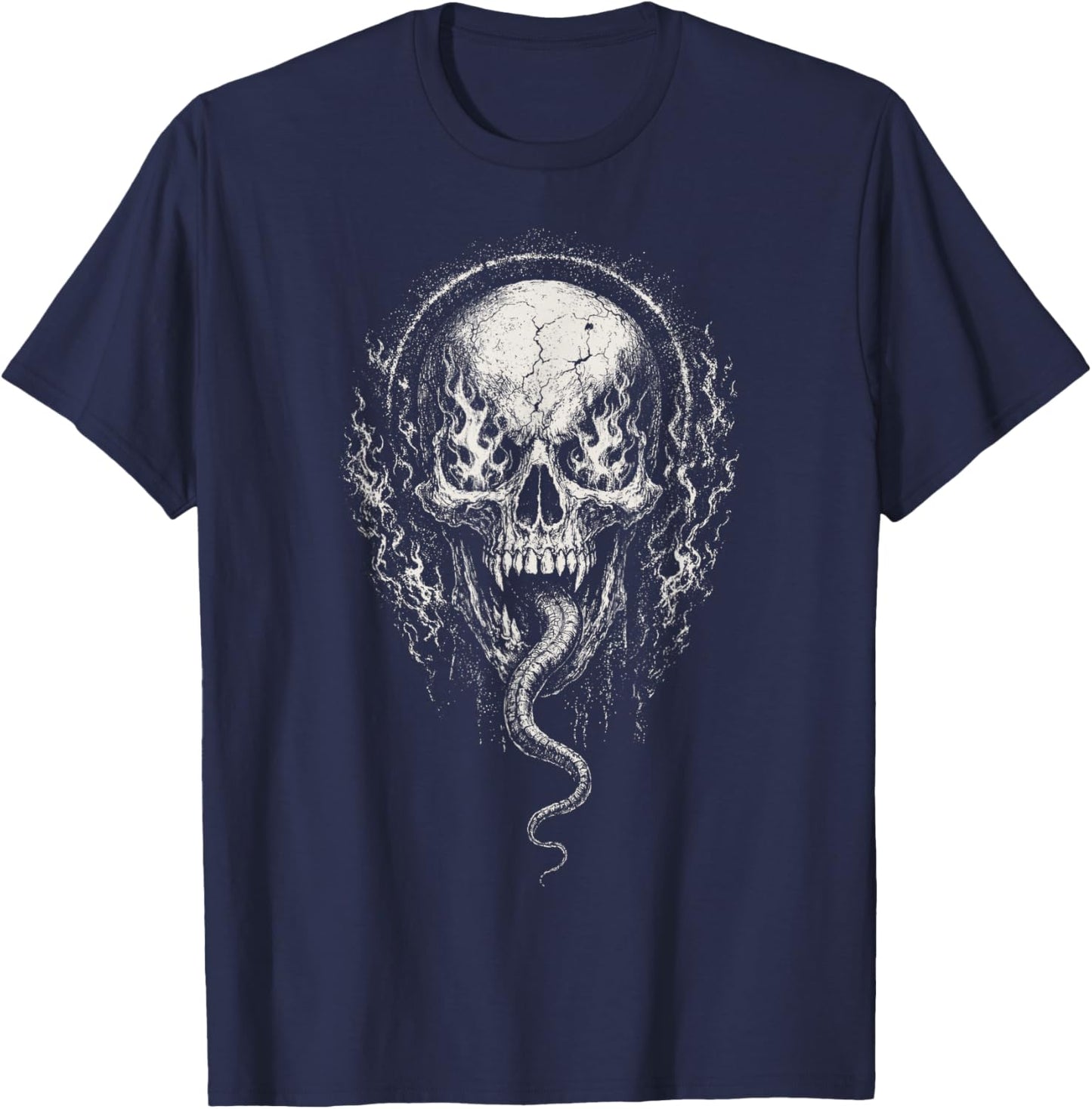 Skull Flames Demon Horror Goth Alt Grunge Dark Emo Art T-Shirt - T-Shirt | Navy