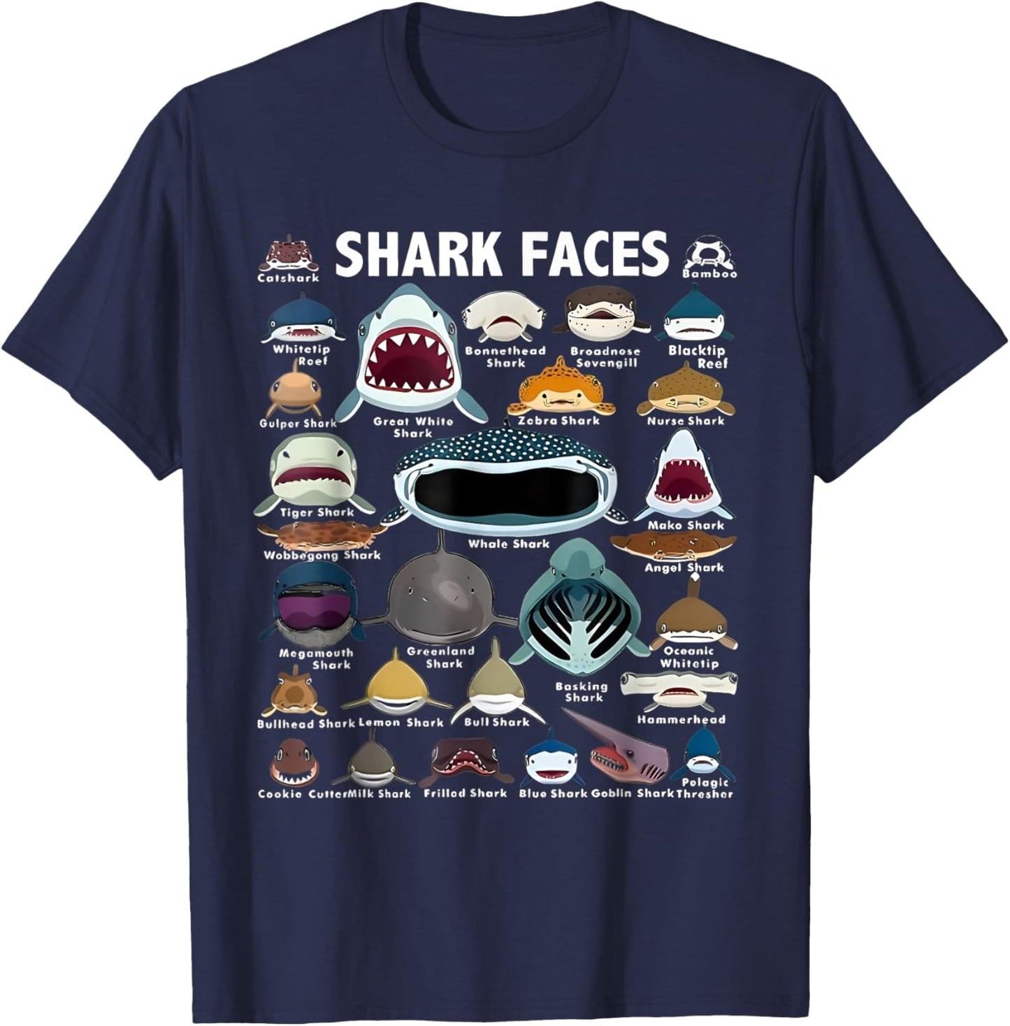 Types Of Shark Identification Shark Faces Marine Biology T-Shirt - T-Shirt | Navy