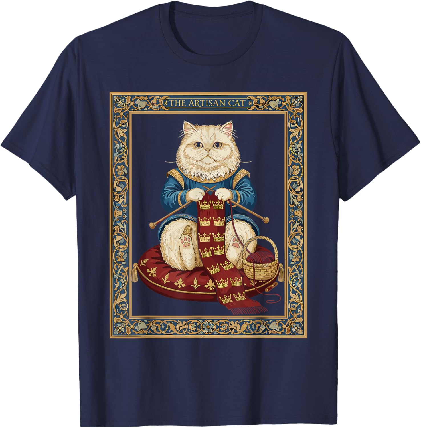 Cat Enthusiast Royal Knitting Animal Medieval Tapestry T-Shirt - T-Shirt | Navy