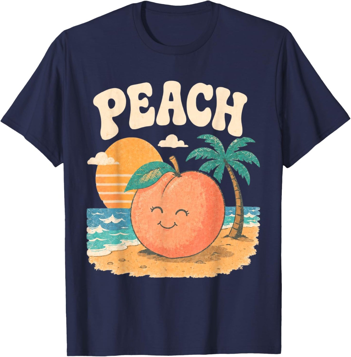Peach Beach Summer Retro Cute Fruit Sunset Design T-Shirt - T-Shirt | Navy