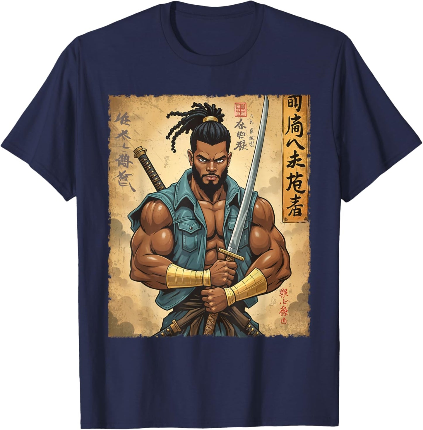 Strong Afro Warrior Samurai African in Anime with Katana T-Shirt - T-Shirt | Navy