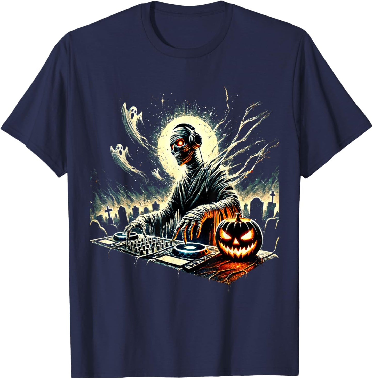 Spooky Mummy DJ Halloween Music Vibes Creepy Scary Horror T-Shirt - T-Shirt | Navy