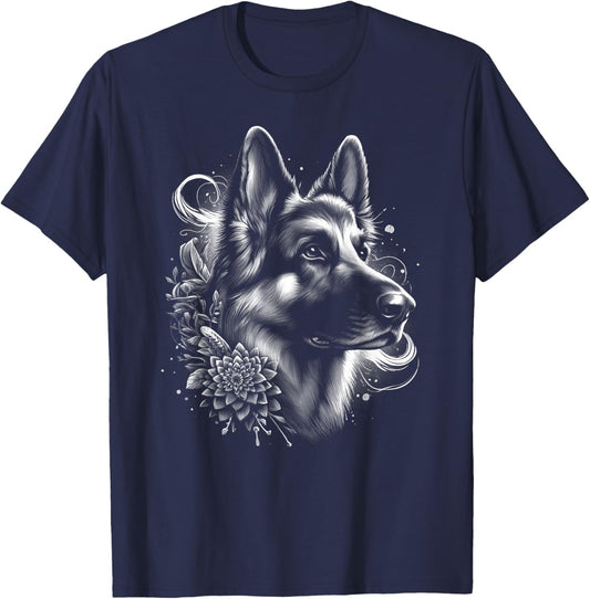Cool German Shepherd as an Ornate Portrait T-Shirt - T-Shirt | Navy