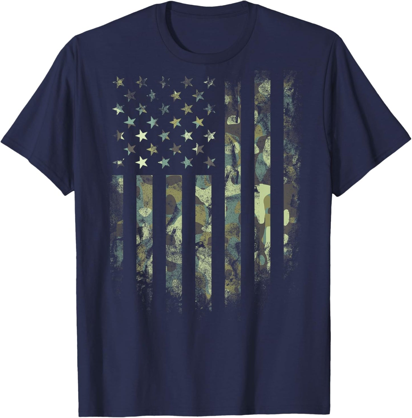 (Art on Back) American Flag Green Camo Camouflage T-Shirt - T-Shirt | Navy